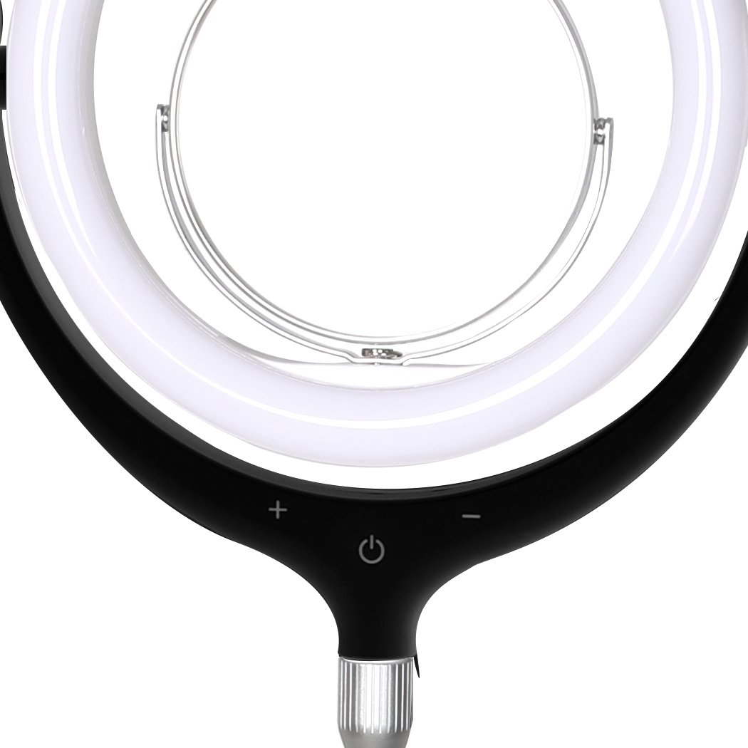 LED Ring Light with Tripod Stand and Phone Holder, showcasing adjustable brightness and color temperature features.